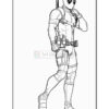Line art illustration of a superhero in a fitted suit with a mask, featuring weapons and accessories, posed in a relaxed stance.
