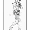 A line art illustration of a character in a masked suit, walking confidently, with weapons displayed on a utility belt.