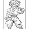 A detailed coloring page of a spiky-haired anime character in a fighting stance, wearing a martial arts uniform.