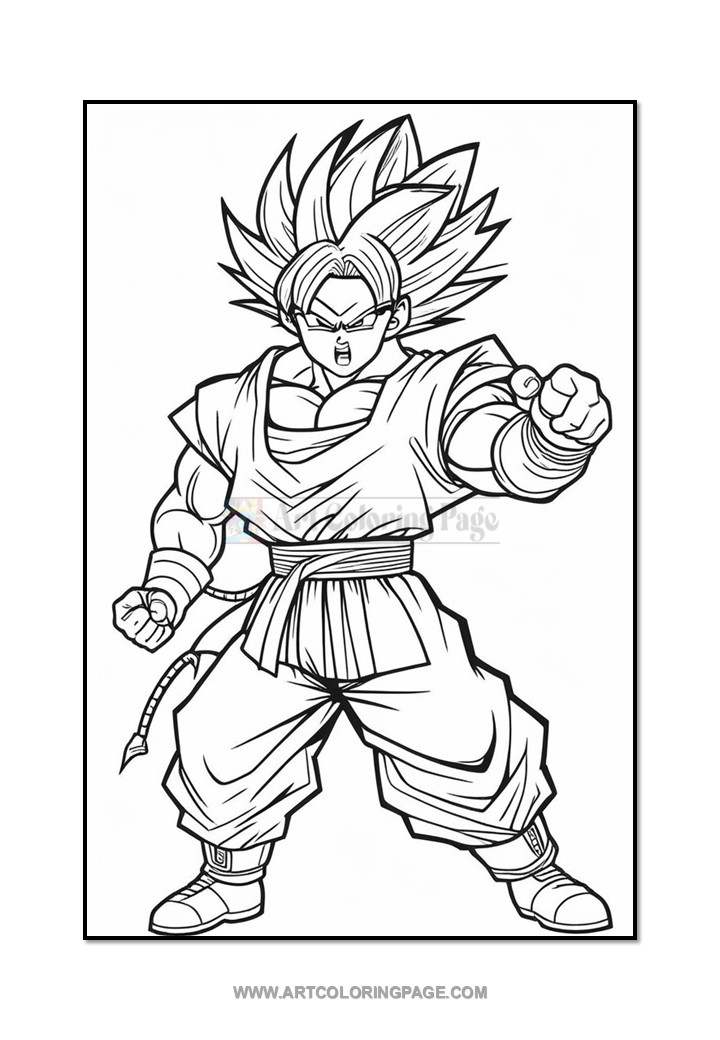 A detailed coloring page of a spiky-haired anime character in a fighting stance, wearing a martial arts uniform.