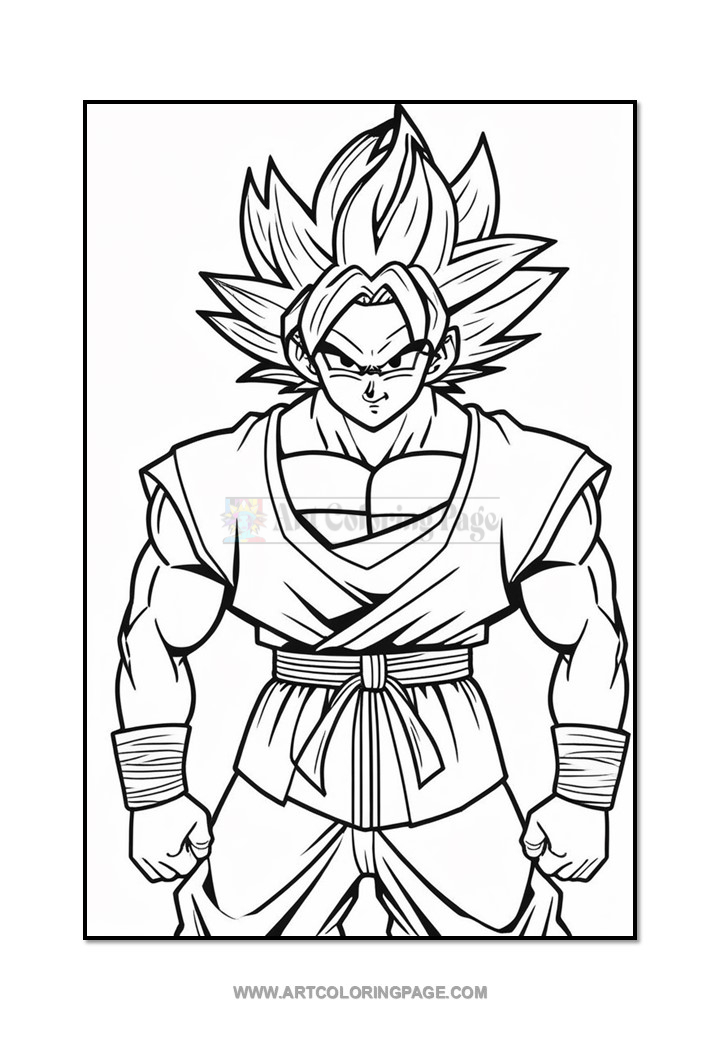 Line art illustration of a muscular character with spiky hair, wearing a martial arts outfit and a confident expression.