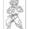 Coloring page illustration of a muscular character with spiky hair, wearing a martial arts outfit and standing in a fist-clenching pose.