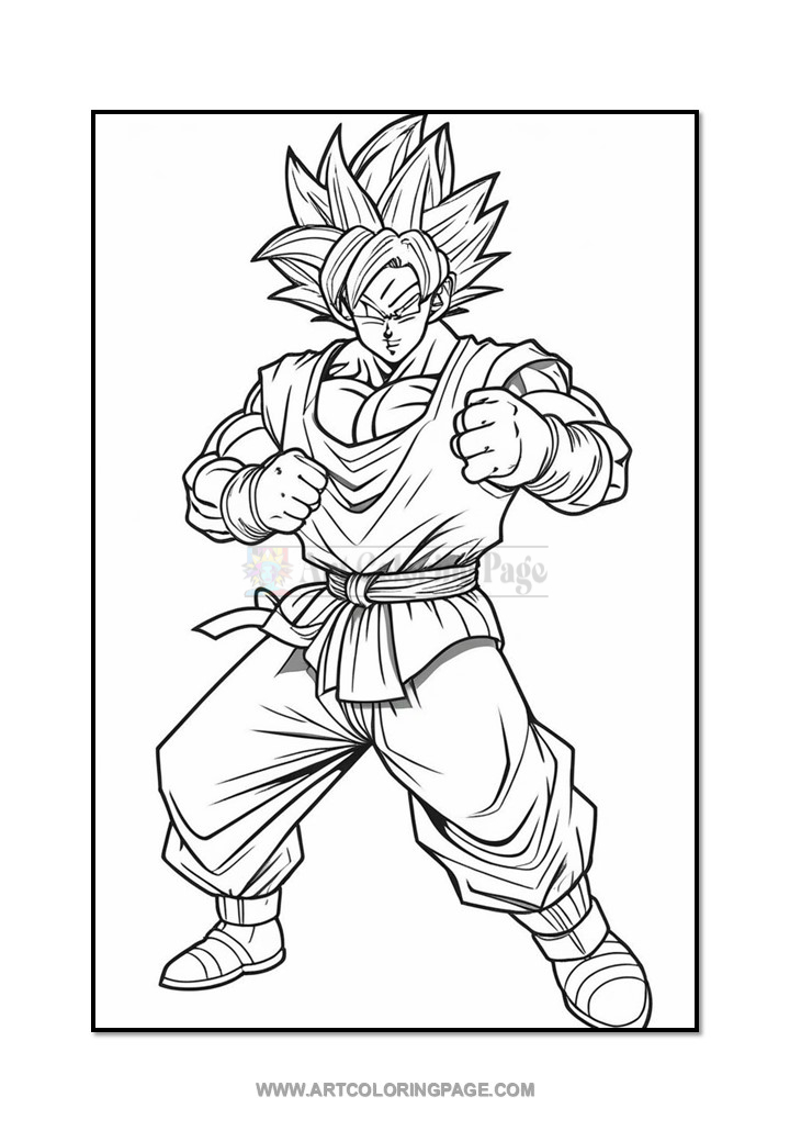 Coloring page illustration of a muscular character with spiky hair, wearing a martial arts outfit and standing in a fist-clenching pose.