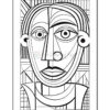 Line art illustration of a stylized face with geometric shapes, featuring large eyes and distinctive angular features.