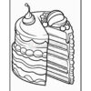 A detailed black and white illustration of a slice of layered cake, featuring icing, fruit toppings, and decorative elements.