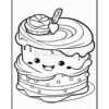 A smiling layered dessert with a cherry on top and decorative icing, set against a simple white background.