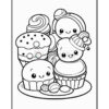 A stack of cute, cartoon-style desserts including cupcakes, macarons, and candies, designed for coloring.