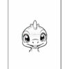 A cute cartoon dinosaur head with a friendly smile and large eyes, featuring a small horn on its forehead.