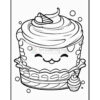 A cute cartoon cupcake with frosting and a cherry on top, surrounded by small bubbles, designed for coloring.