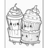 Two cute, cartoonish cupcakes and a cup of ice cream with smiling faces, topped with cherries and icing.