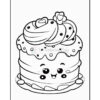Cute cartoon cake with a smiling face, decorated with frosting and hearts on top, designed for coloring.