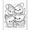 A playful illustration of cute, cartoonish desserts including ice cream cones, cupcakes, and a slice of cake, all smiling.