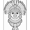 Intricate black and white coloring page featuring a stylized tribal mask with decorative feathers and geometric patterns.
