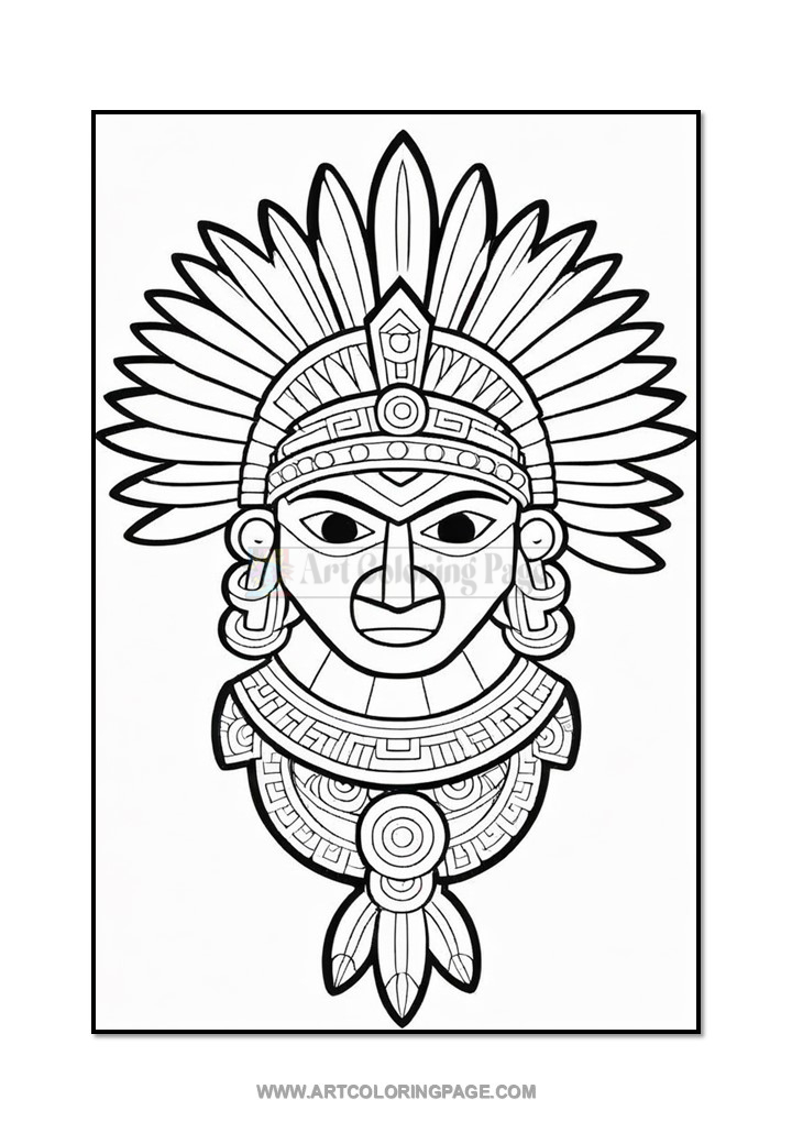 Intricate black and white coloring page featuring a stylized tribal mask with decorative feathers and geometric patterns.