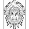 A detailed black and white illustration of an Aztec warrior's mask with intricate feathered headdress and facial features.