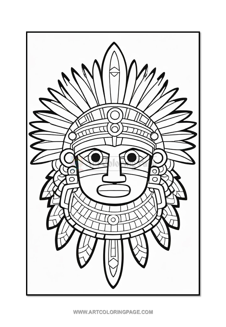 A detailed black and white illustration of an Aztec warrior's mask with intricate feathered headdress and facial features.