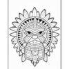 Intricate line art of a sunburst mask with geometric details and a face, designed for coloring.