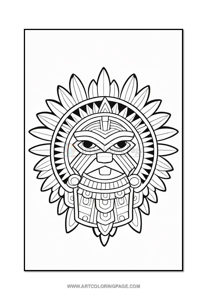 Intricate line art of a sunburst mask with geometric details and a face, designed for coloring.