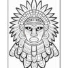 A detailed black and white line drawing of a tribal mask with intricate designs and patterns, suitable for coloring.