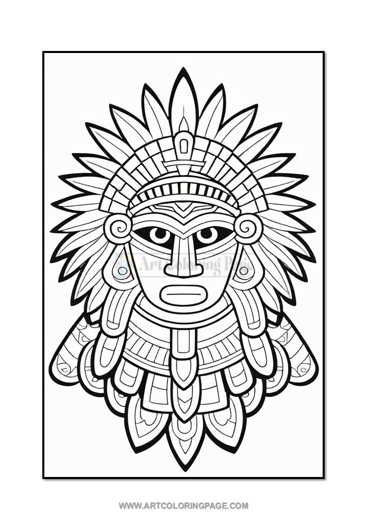 A detailed black and white line drawing of a tribal mask with intricate designs and patterns, suitable for coloring.