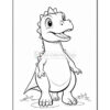 A cartoon dinosaur standing on grass, smiling with large eyes and pronounced teeth, presented in black and white for coloring.