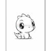 A cute, cartoon-style baby dinosaur with large eyes and small spikes, sitting on a plain background.