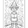 A cheerful elf with pointed ears and a striped hat stands on a swirling patterned ground, surrounded by decorative swirls.