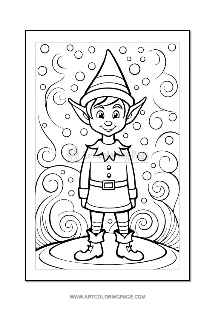 A cheerful elf with pointed ears and a striped hat stands on a swirling patterned ground, surrounded by decorative swirls.