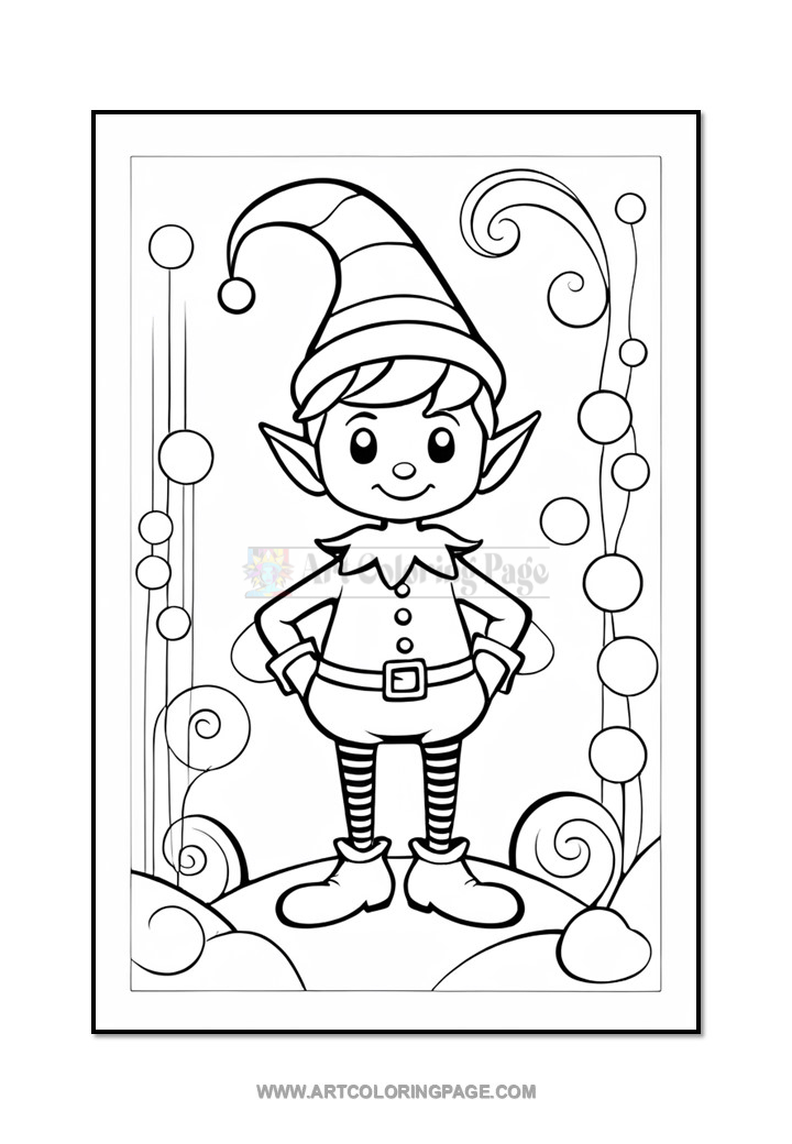 A black and white illustration of a cheerful elf with pointy ears and a striped hat, standing proudly with hands on hips. The elf is surrounded by circular shapes and swirls, typical of a festive theme.