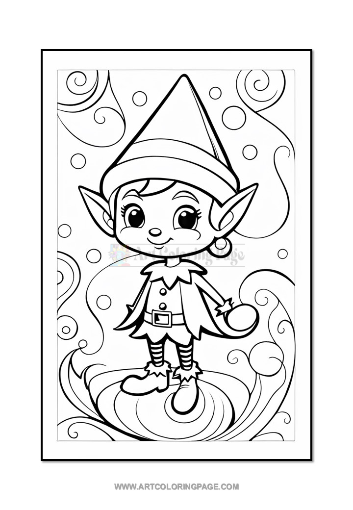 A whimsical black and white illustration of a cheerful elf with pointed ears and a conical hat, set against swirly background patterns.