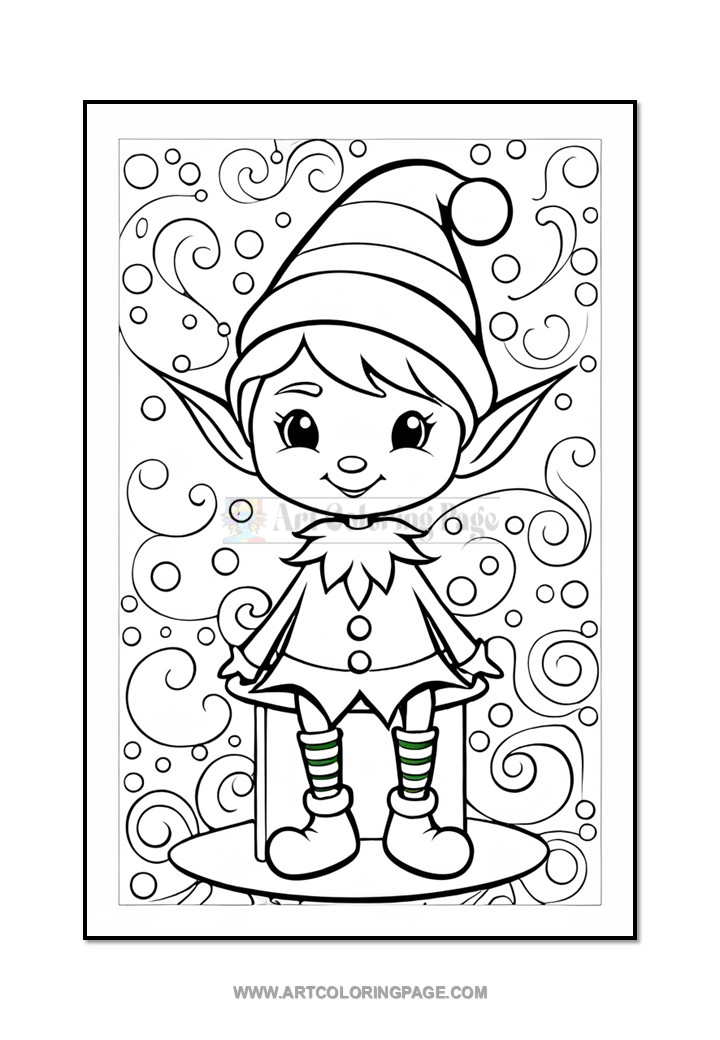 A cheerful elf with pointed ears sits on a platform, wearing a striped hat and patterned socks, surrounded by swirling decorative elements.