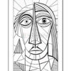 Geometric black and white line art of a face, featuring angular shapes and large eyes, inspired by Picasso's style.