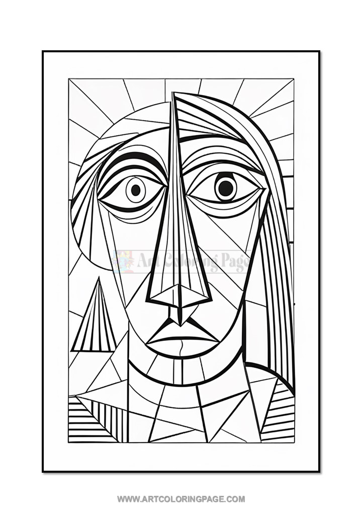 Geometric black and white line art of a face, featuring angular shapes and large eyes, inspired by Picasso's style.