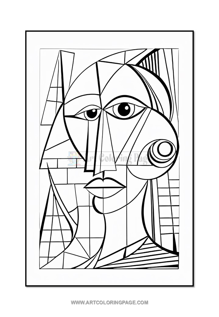 Line art illustration featuring abstract shapes forming a woman's face with a prominent eye and geometric patterns in the background.