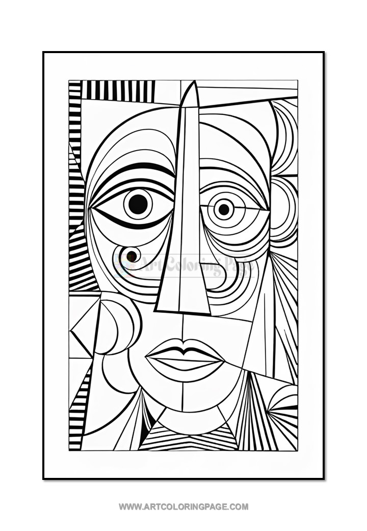 Abstract line art portrait featuring geometric shapes and exaggerated facial features, suitable for coloring.