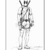 A black and white illustration of a superhero with a mask, armed with swords and guns, posed confidently.