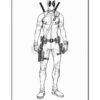 Line art illustration of a superhero character with a mask, holding weapons, and wearing a utility belt, designed for coloring.