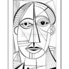 A black and white abstract portrait featuring geometric shapes and distinct facial features.