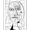 Line art illustration of a stylized face inspired by Picasso, featuring geometric shapes and bold outlines.
