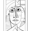 Line art illustration of a stylized face featuring geometric shapes and prominent eyes, suitable for coloring.