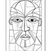 Line art illustration of a stylized face made up of geometric shapes, with a variety of angles and patterns.