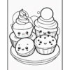 A plate of cute, smiling cupcakes and desserts, including a cupcake with swirls on top and a macaron.