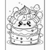 A cute, cartoon-style cupcake with a smiling face, topped with swirls of frosting and surrounded by hearts and balloons.