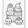 A collection of cute, smiling cupcakes on a cake stand, featuring various decorations like swirls and cherries, outlined for coloring.