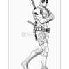 A detailed line drawing of a superhero in a distinctive costume, confidently posing with weapons sheathed.