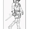 A line art illustration of a muscular character with a masked face, holding a sword and wearing pouches and armor.