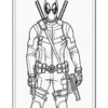 Line art illustration of a superhero in a mask and armor, equipped with weapons and swords, posed confidently.