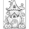 A whimsical pumpkin-shaped house surrounded by pumpkins, leaves, and mushrooms, designed for coloring.
