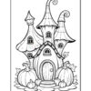 A whimsical fairy tale house with pointed roofs, surrounded by pumpkins and decorative leaves.
