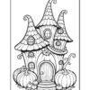 A whimsical illustrated house with multiple pointed roofs, surrounded by pumpkins and decorative swirls.